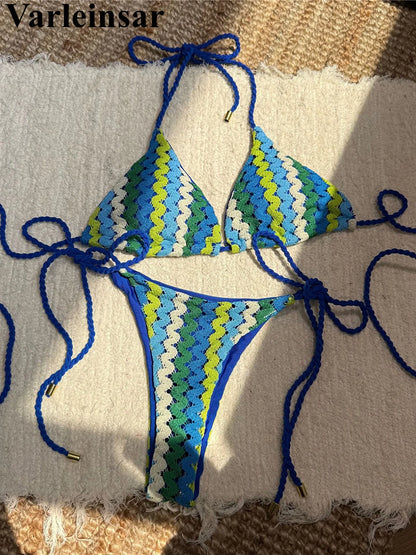 Colorful Halter Bikini Women Swimwear Female Swimsuit Two-pieces Bikini set High Leg Cut Padded Bather Bathing Suit Swim V6991