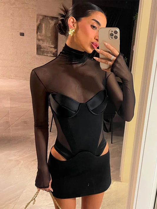 Trendix Fashion Mesh Long Sleeve Mini Dress Club See Through Turtleneck Splice Hollow Bodysuit Dress Party Hot Girls Sexy Dress
