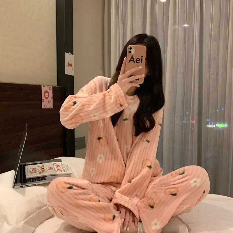 Adorable Sweet Coral Fce Thiened Autumn Winter Spwear Women's Casual Home Clothes Set Long Pants Comfortable Leisure ...