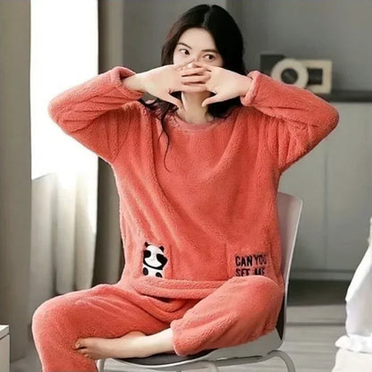 Warm Sleepwear for Winterthickened Warm Flannel Pajamas Student Long Sleeve Cartoon Ladies Loungewear Setpajamas Woman Offer