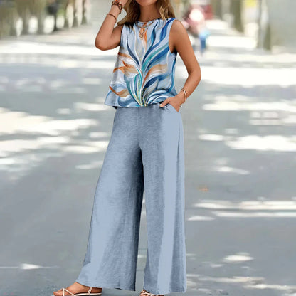 Bohemian Leaf Print Holiday Pants Set Round Neck Elegant Temperament Summer Sleeveless Top And Pants Hawaii Vacation Womenswear