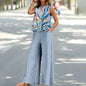 Bohemian Leaf Print Holiday Pants Set Round Neck Elegant Temperament Summer Sleeveless Top And Pants Hawaii Vacation Womenswear
