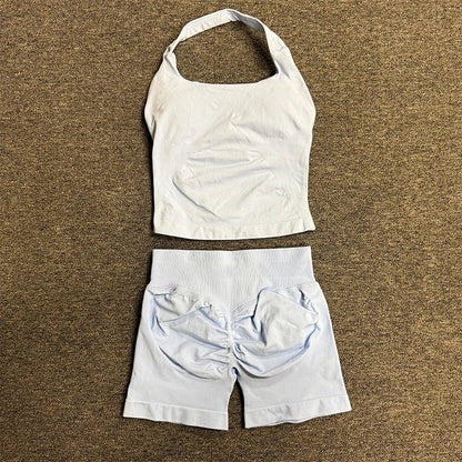 Yoga Gym Set Halter Top Set Yoga Leggings Shorts Set Backless Tights Bra Vest Seamless Stretch Ribbed Buttocks Lift Shorts Set