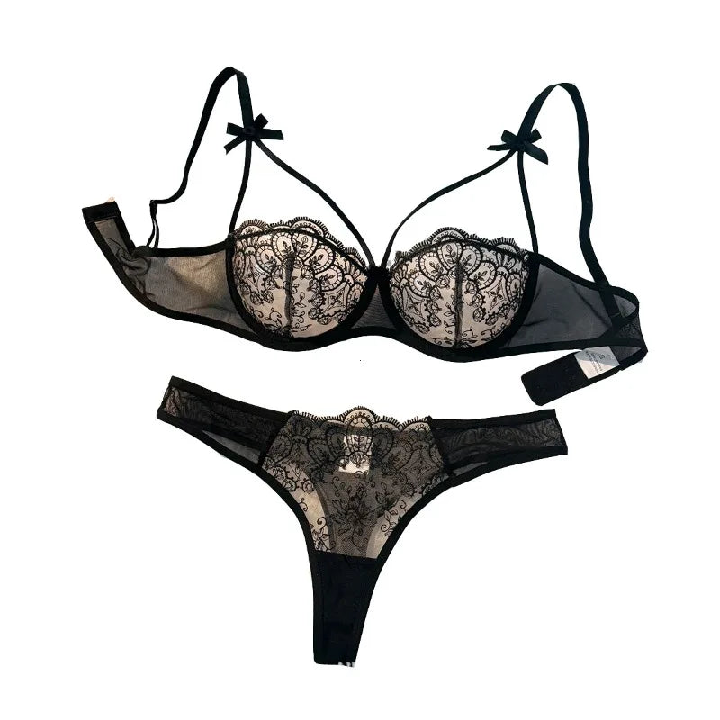 2-piece women's black sexy female lingerie lightweight bow semi transparent lingerie set sexy Lace women's bra and panty set