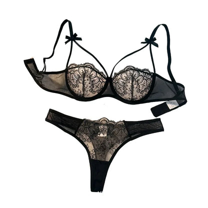 2-piece women's black sexy female lingerie lightweight bow semi transparent lingerie set sexy Lace women's bra and panty set