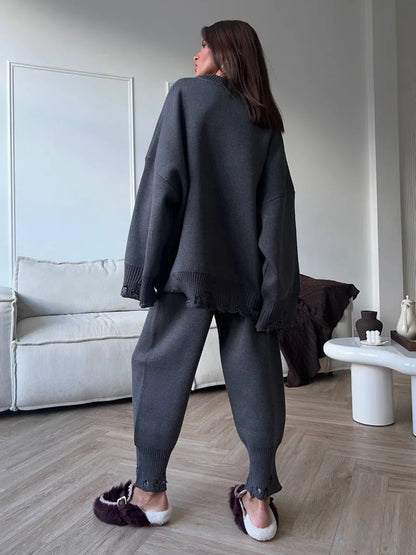 Bornladies Autumn Winter Women's New Turtleneck Knit Sweater Skinny Knit Pants Set Soft Oversized Ripped Hem Fashion Pullover