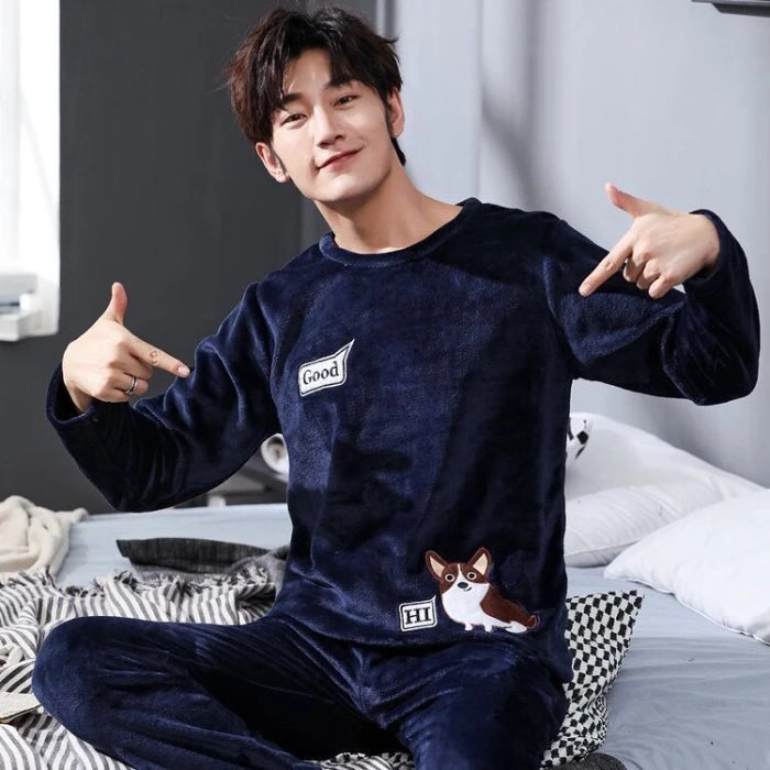 Autumn Winter Oversized Cartoon Print Pajamas for Men Letter Crew Neck New 2025 Men's Pajamas Set Fashion Soft Casual Homewear