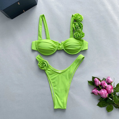 2024 New Bikini Set Womens Steel Plate Solid Color Three-dimensional Flower Split Ladies Swimsuit Women