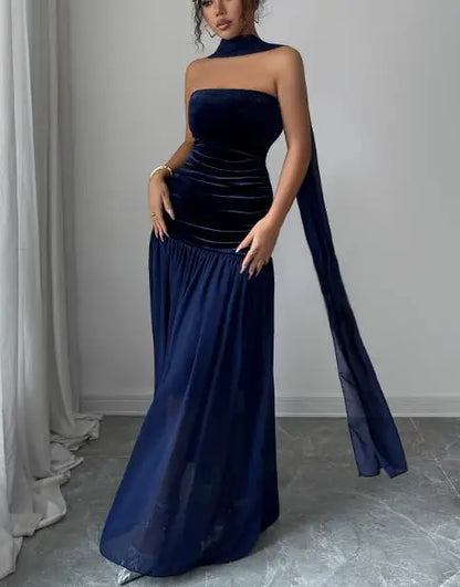 Womens Dresses  Spring Summer New Elegant Temperament Solid Color Strapless Patchwork Sleeveless Casual Long Dress