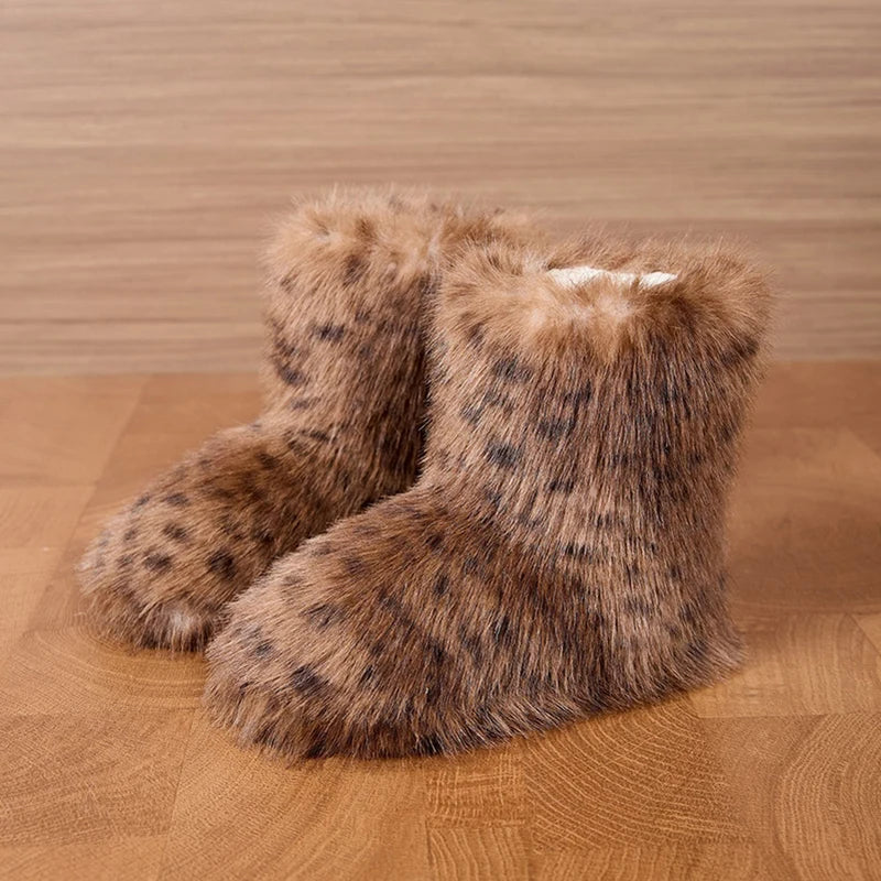 Leopard Winter Ankle Boots Female Fluffy Casual Plarform Women's Shoes Plush Luxury Design Indoor Outdoor Fuzzy Fur Snow Booties