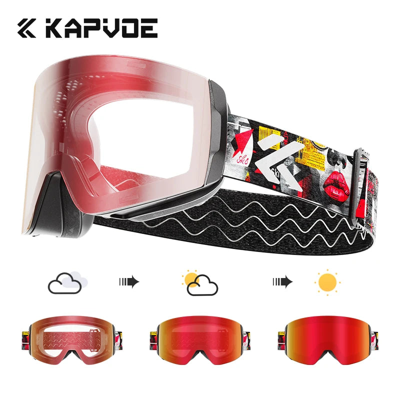 KAPVOE New Outdoor Photochromic Ski Goggles Winter Snow Sports for Unisex Snow Glasses UV400 Anti-fog Magnetic Snowboard Glasses