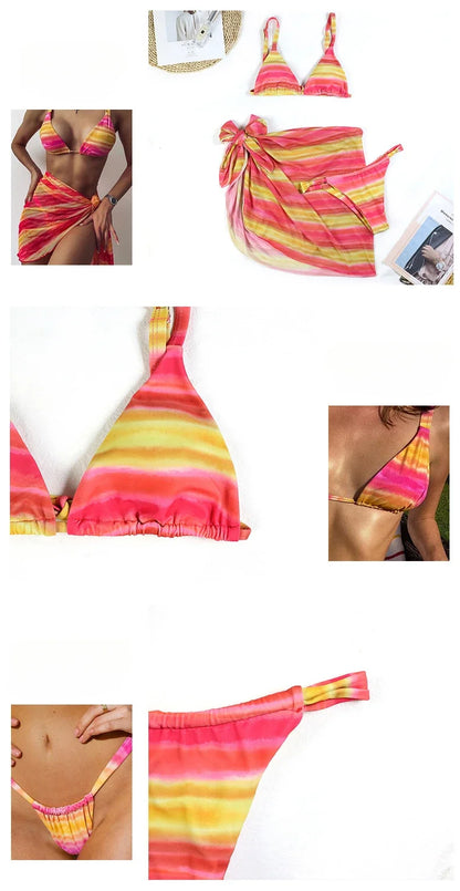 3 Piece Bikini Set Sexy Swimwear Swimsuit Women Triangle Leopard Rainbow Tie Dye Bikinis Set Bathing Suit Beach Skirt Cover Up