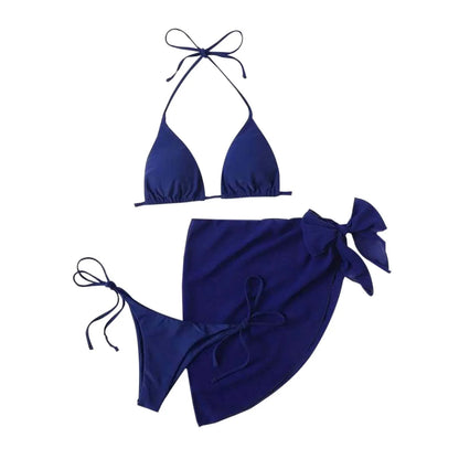 Sexy Three Pieces Bikini Set Women Summer Bikini With Sarong Skirt Solid Color Triangle Cup Tie Up Female Swimwear Swimming Suit