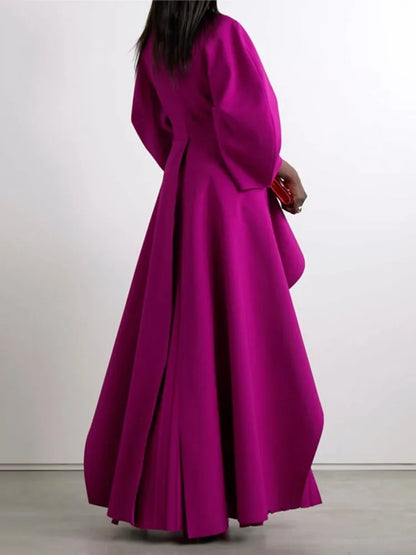 Yeezzi Elegant Solid Color Split-Joint Tiered Pleated Cocktail Dress Long Sleeves O-Neck Party Banquet Maxi Dresses 2025 New