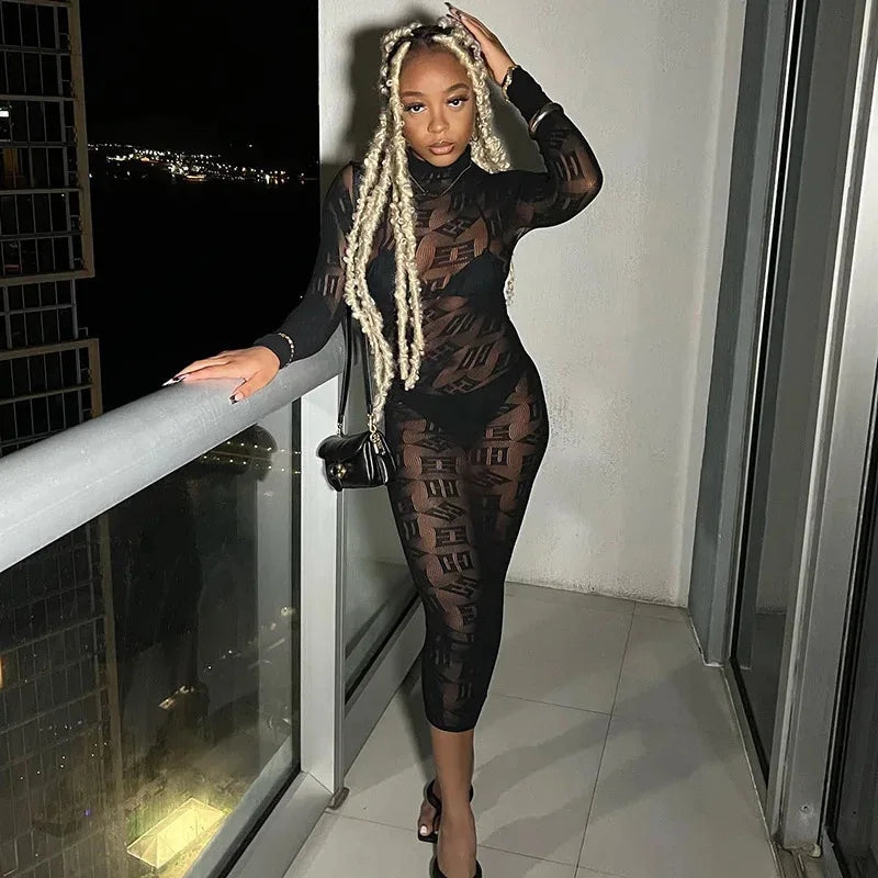 See Through Long Dress Women Sexy Long Sleeves Dresses Body-shaping Vestido Female Party Night Club Clothing Black White Dresses