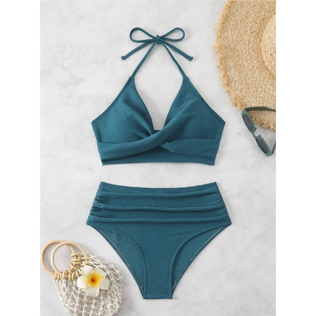 2025 New Sexy High Waist Two-piece Bikini Set Women Solid Halter Swimsuit Summer Tight Cross Push Up Backless Beach Bathing Suit