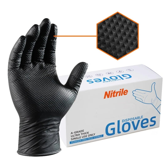 10/30/50PCS Heavy Duty Black Nitrile Gloves Disposable 8mil Industrial Raised Diamond Texture Gloves Mechanic Safety Work Gloves