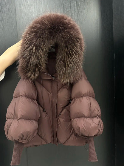 OFTBUY 2025 New Winter Large Real Fur Hooded Puffer Jacket Women Thicken Warm Knitted Sleeve Coat White Duck Down Mid Long Parka