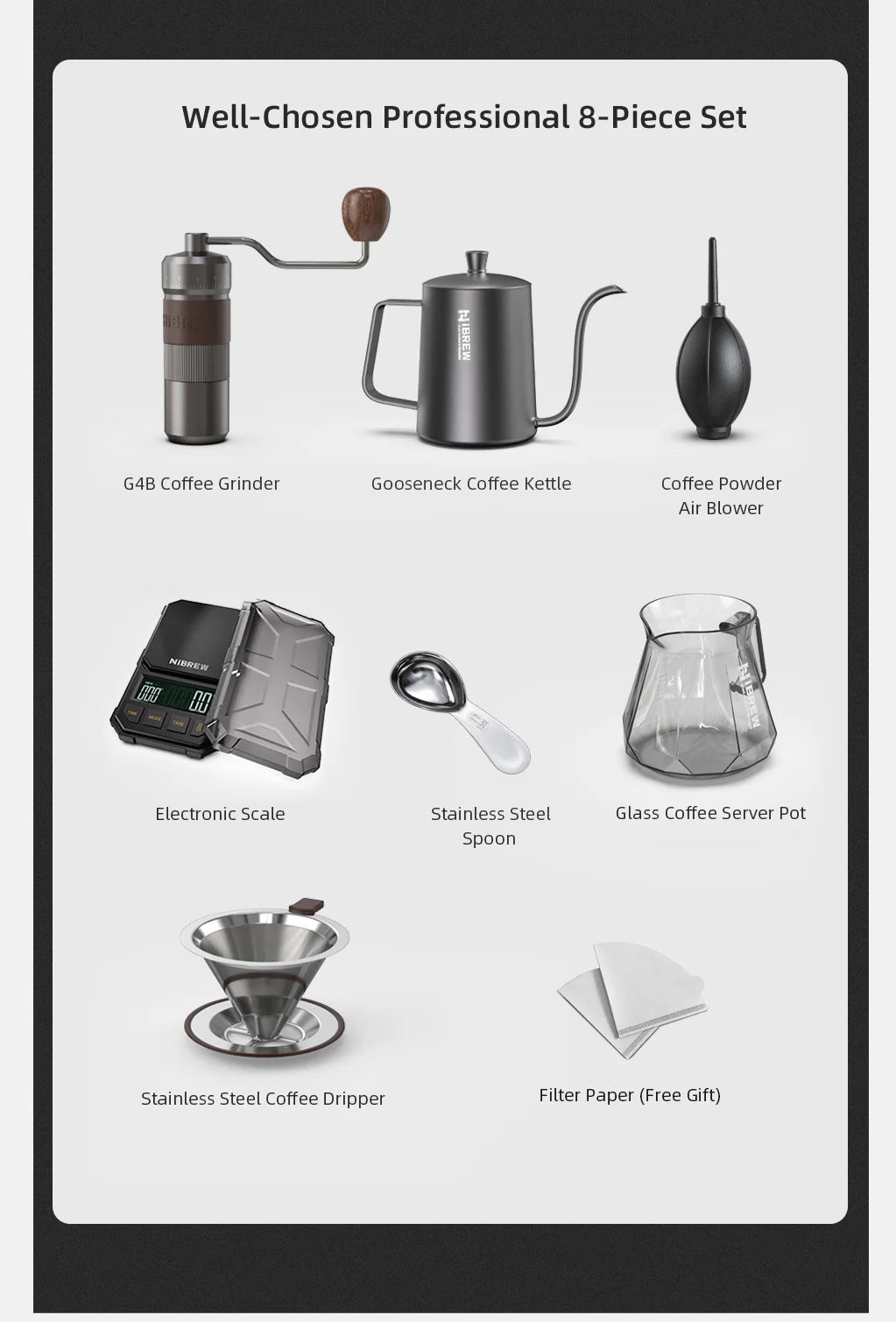 HiBREW Pour Over Coffee Kettles Manual Coffee Grinder Coffee Maker 8 pcs Set