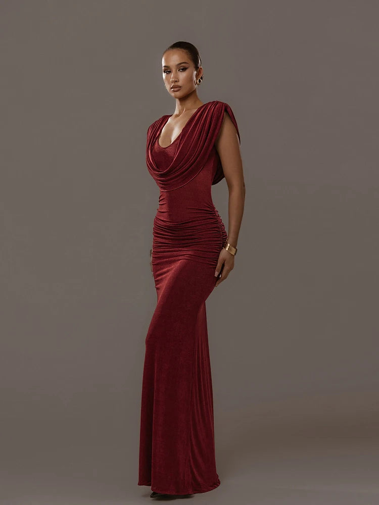 Sisterlinda Ruched Elegant Velvet Dress Women Swing Collar Classic Sexy Fashion Solid Skinny Evening Cocktail Party Long Bodycon
