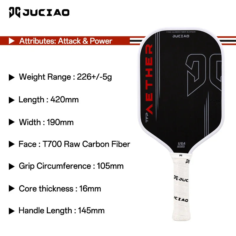 JUCiAO Gen4 Thermoformed T700 Raw Carbon Fiber Pickleball Paddle For Power & Spin (16MM)