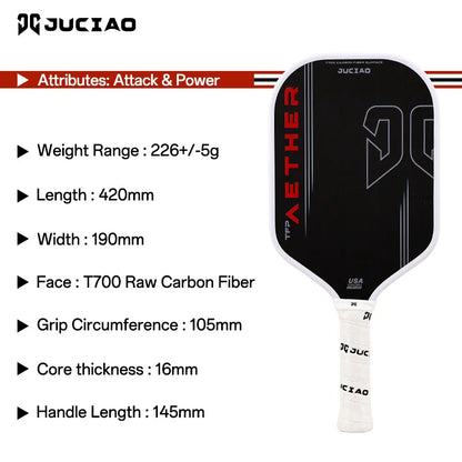 JUCiAO Gen4 Thermoformed T700 Raw Carbon Fiber Pickleball Paddle For Power & Spin (16MM)