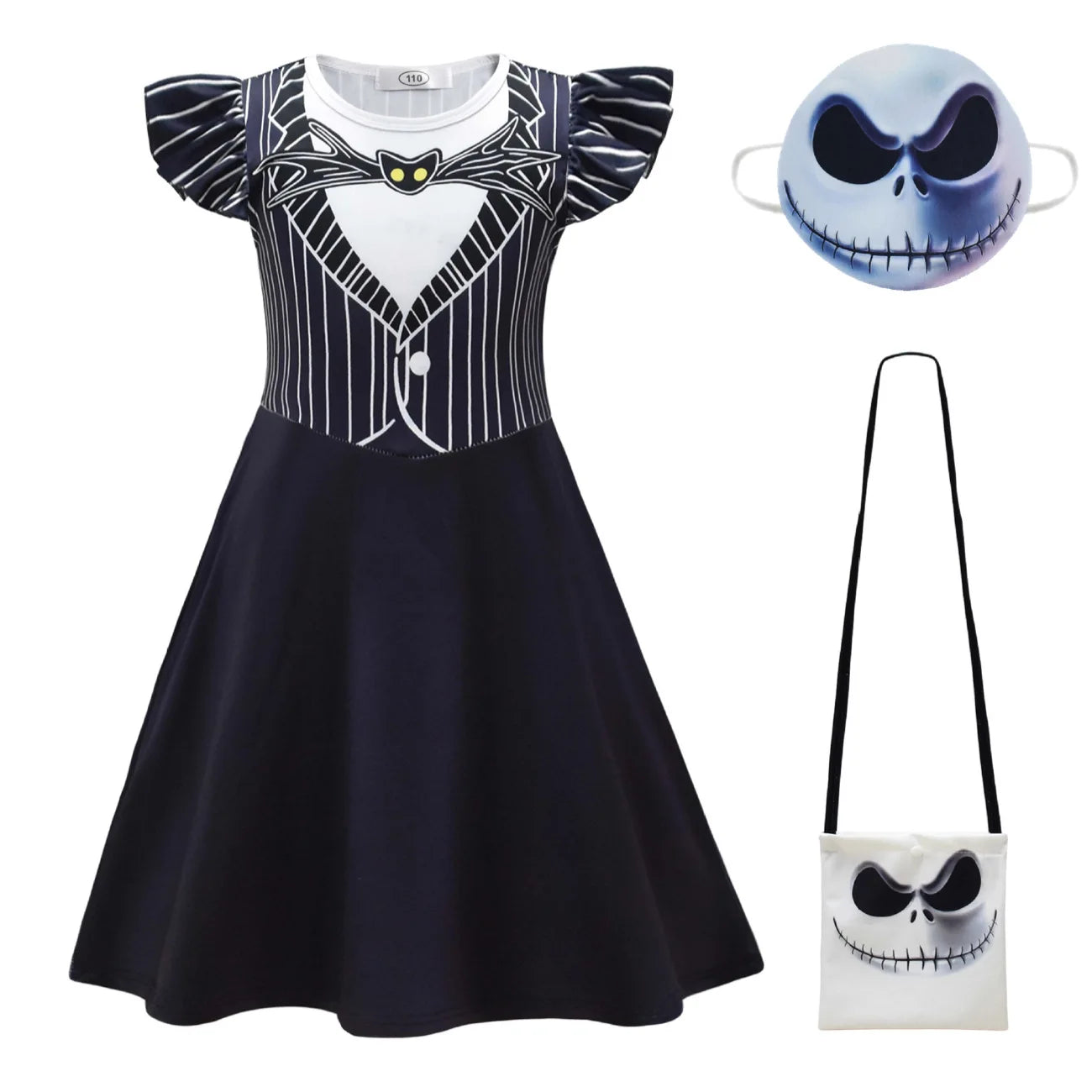 Halloween Skeleton Cosplay Costume for Kids Girl Jeck Striped Top Dress Outfit Horror Scary Christmas Party Uniform Mask Suit