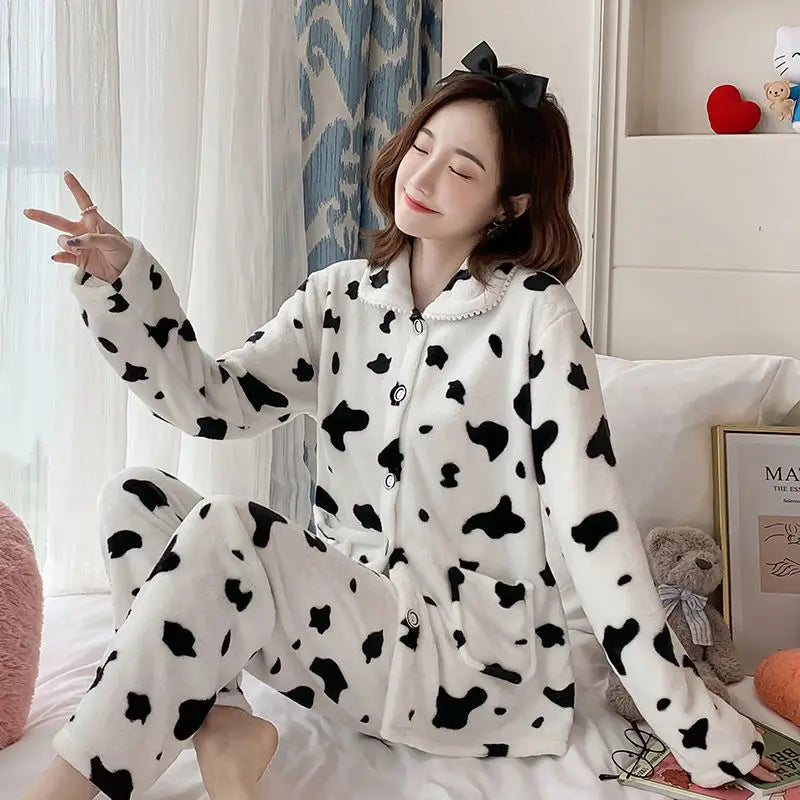 New Women's Autumn and Winter Warm Pyjamas Homewear Suit Coral Velvet Pajamas Girls Padded Thickened Sweet Flannel Homewear