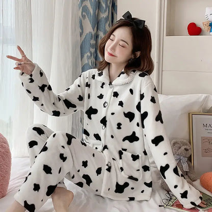 New Women's Autumn and Winter Warm Pyjamas Homewear Suit Coral Velvet Pajamas Girls Padded Thickened Sweet Flannel Homewear
