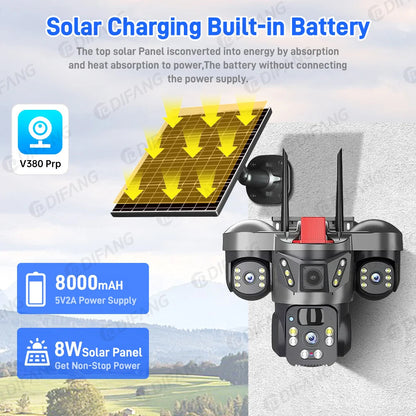 8K 15MP Three Screen 10X Zoom Wifi Surveillance Camera V380 Pro 4G Camera Solar Outdoor Waterproof Battery Security CCTV Solar