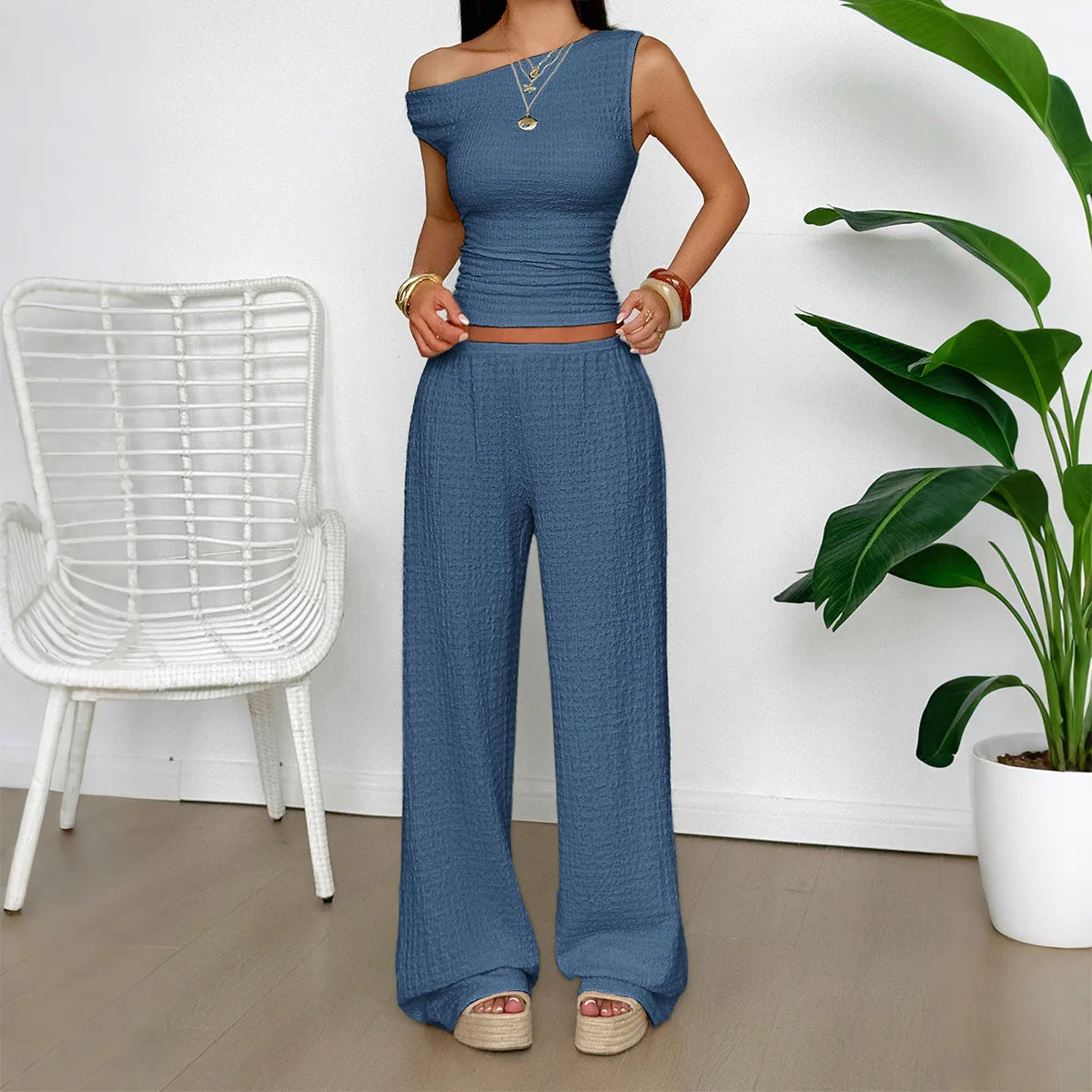 Two Piece Set Women Outfit  Summer New Solid Color Slanted Collar Tank Top & High Waist Casual Wide Leg Long Pants Set