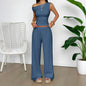 Two Piece Set Women Outfit  Summer New Solid Color Slanted Collar Tank Top & High Waist Casual Wide Leg Long Pants Set