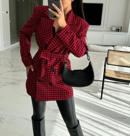 Women's Blazer Autumn Fashion Houndstooth Double-Breasted Lace-Up Elegant Temperament Notch Collar Long Sleeved Blazer