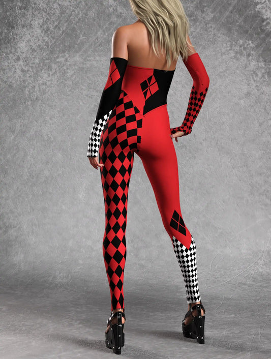 [You're My Secret] Halloween Cosplay Harley Q Clown Costume Sexy Jumpsuit for Women Bodysuit Masquerade Disguise Zentai Outfit
