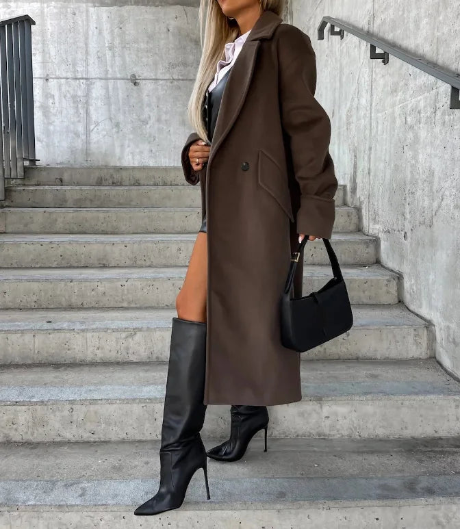 Women's Coat Autumn Winter, Long Sleeve, Notch Collar, Double-Breasted Solid, Casual Loose Long Woolen Jacket Coat