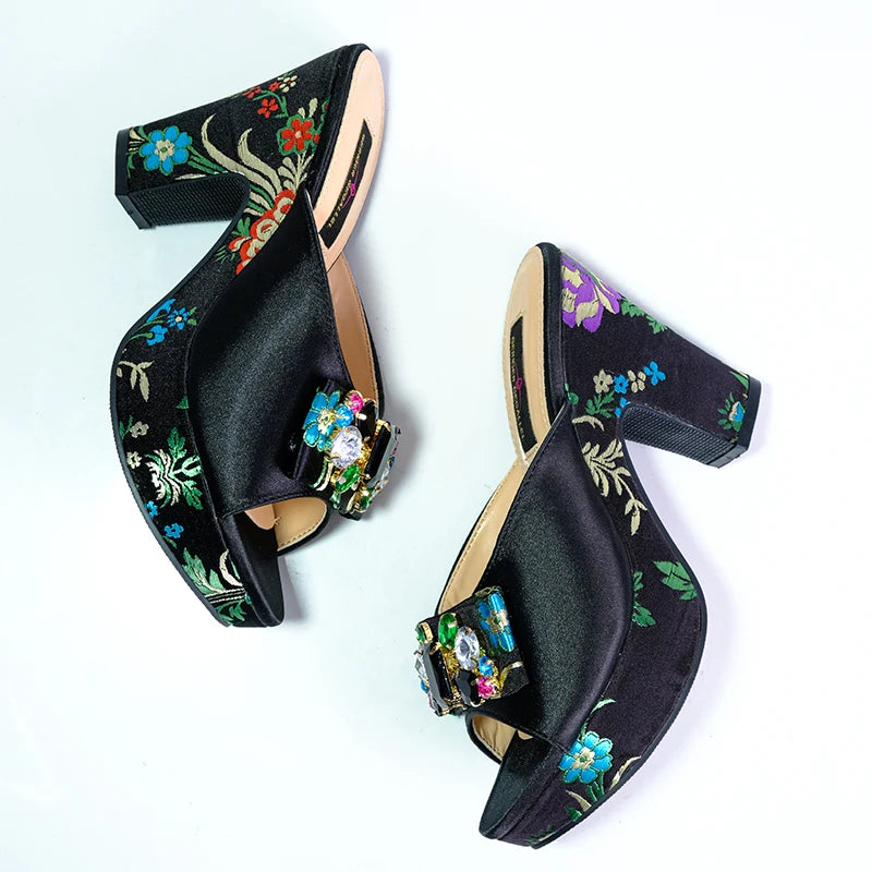 Fashion Women's Shoes High Heels Sexy Ladies Party Wedding Pattern Embroidery Mules High Heel Sandal Casual Beach Shoes For Lady