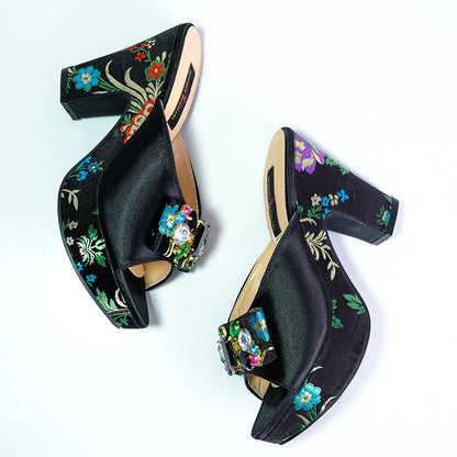 Fashion Women's Shoes High Heels Sexy Ladies Party Wedding Pattern Embroidery Mules High Heel Sandal Casual Beach Shoes For Lady