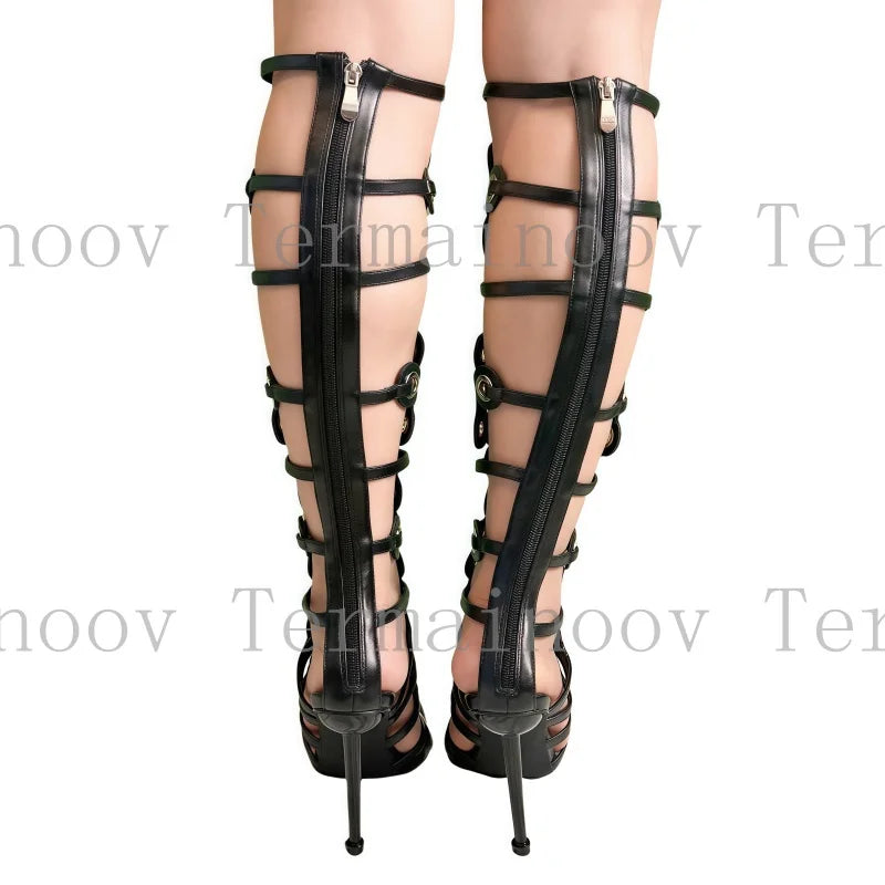 Sexy Women Knee High Sandals Stiletto Heel Cross Straps Round Buckle Decor Zipper Gladiator Heels Dress Party Shoes Hot