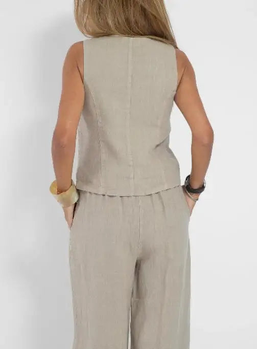 Two Piece Set Women Outfit Spring Fashion New V-Neck Sleeveless Single-Breasted Vest & High Waist Casual Pocket Pants Set