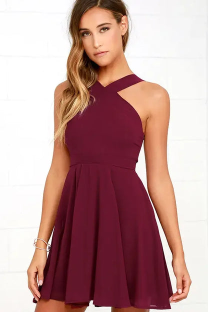 Women Sleeveless Backless Sexy Club Mini Dress 2024 Summer Party Strappy Back Zipper Solid Shift Halter Short Dresses