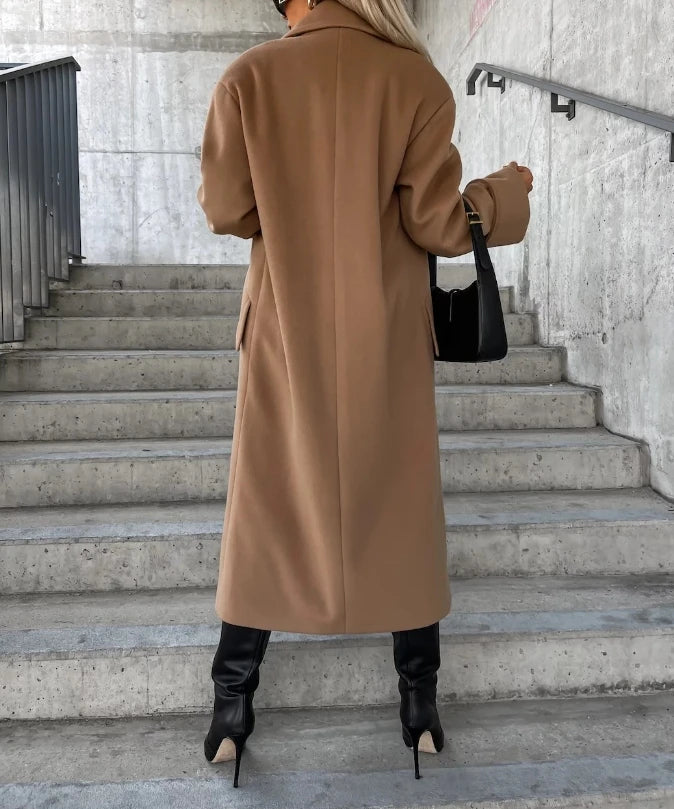 Women's Coat Autumn Winter, Long Sleeve, Notch Collar, Double-Breasted Solid, Casual Loose Long Woolen Jacket Coat