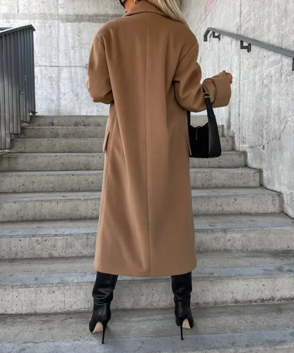 Women's Coat Autumn Winter, Long Sleeve, Notch Collar, Double-Breasted Solid, Casual Loose Long Woolen Jacket Coat