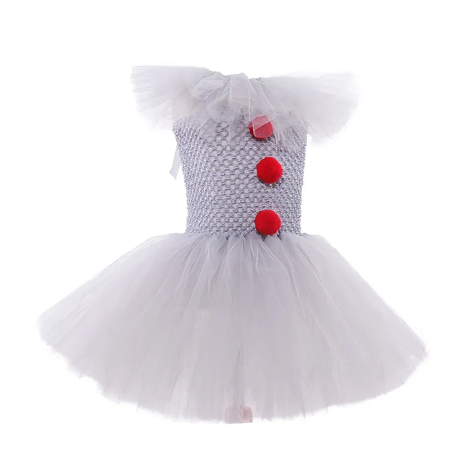 Halloween Horror Clown Pennywise Devil Spooky Costume Kids Girls Tulle Dress Joker Gothic Evil Carnival Outfit Tutu Dress Child