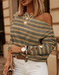 Women's Sweater Spring Autumn New Striped Pattern Skew Neck Button Decor Sweater Casual Drop Shoulder Waffle Knit Top
