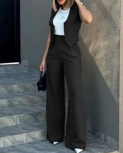 Women OL Blazer Pant Sets 2 Pieces Casual Slim Notched Cardigan Blazer Waistcoat&High Elastic Pocket Wide Leg Trousers Suits