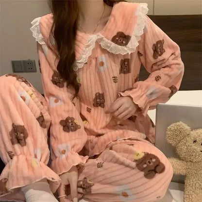 Ruffles Pajamas for Women Autumn Winter Peter Pan Collar Ruffle Sleeve Pajama Top and Elastice Waist Pants 2 Pcs Pajama Sets