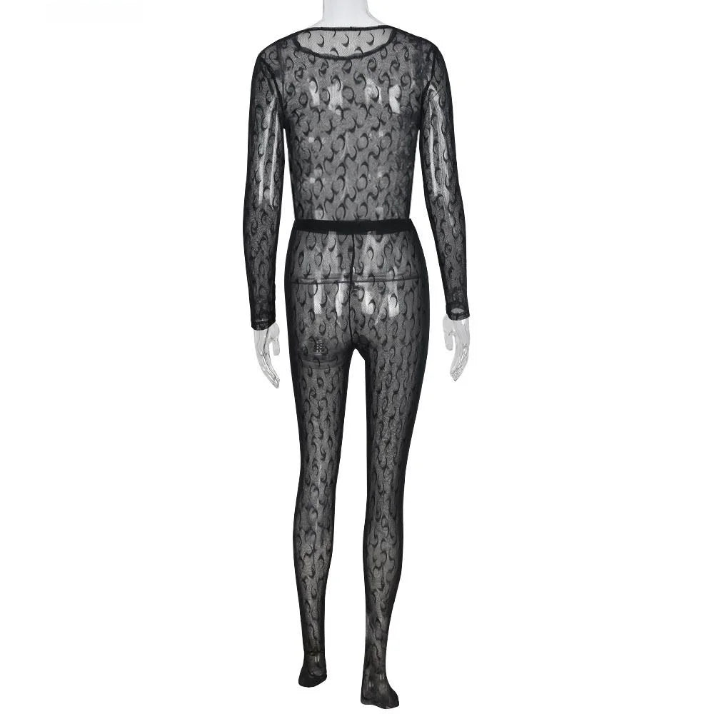 Sexy Streetwear Me See-tough Long Sve Set Pure Color round Ne Fitted Sle for Young Women 8-35 Summer Collection