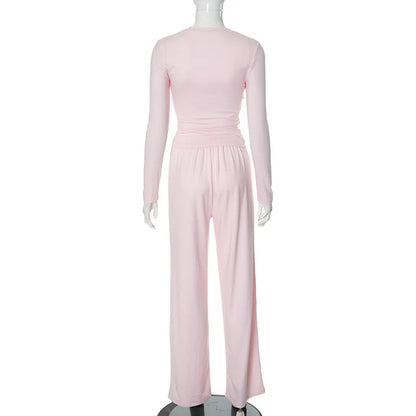 Basic Wide Leg Pants Leisure Suit Women 2025 Spring Solid Long Sleeve Top Casual Loose Trousers 2 Piece Set Hottie Streetwear