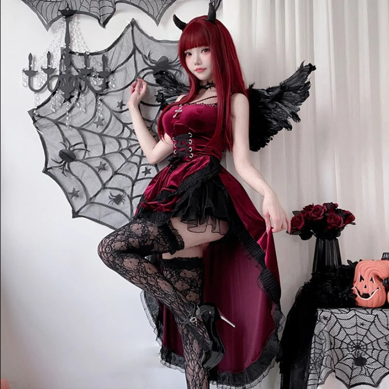 Sexy Lingerie Cosplay Dark Gothic Halloween Costume Ladies Dress Dovetail Witch Vampire Bride Performance Costume Red Suit