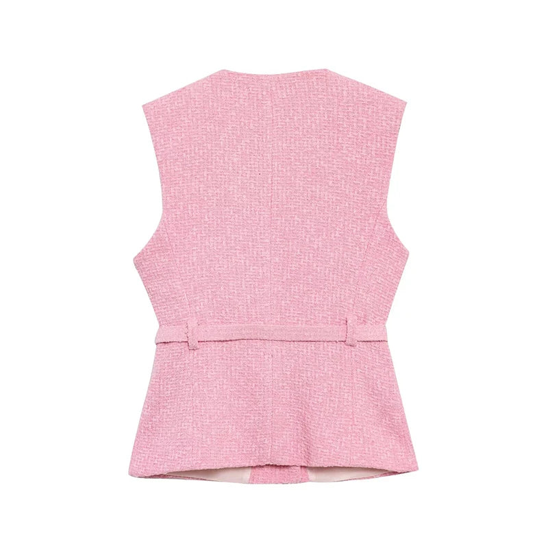 RAFZNB Fashion with Belt Waistcoat for Women Spring O Neck Sleeveless Single Breasted Slim Vest Casual Female Outerwear Chic Top